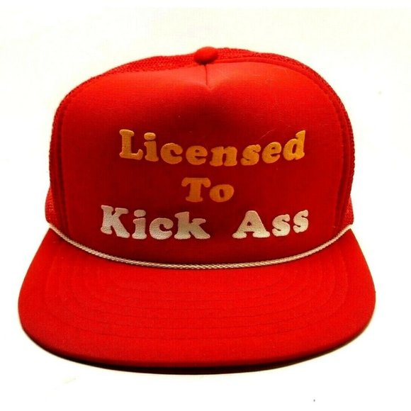 Vintage 1980’s LICENSED TO KICK ASS Red Snapback Trucker Hat Cap String (DM2) - Picture 2 of 8